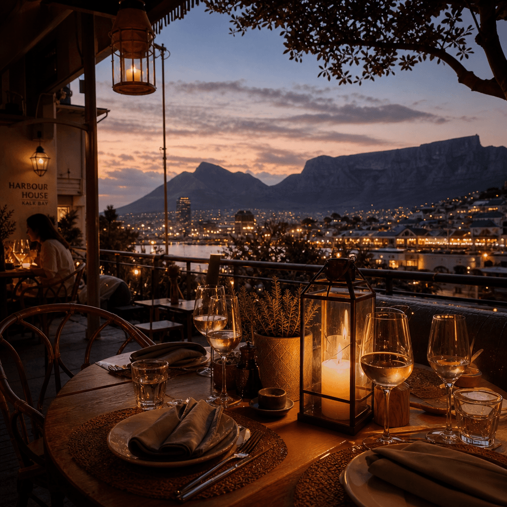 Lantern-lit restaurant terrace at dusk, Cape Town
