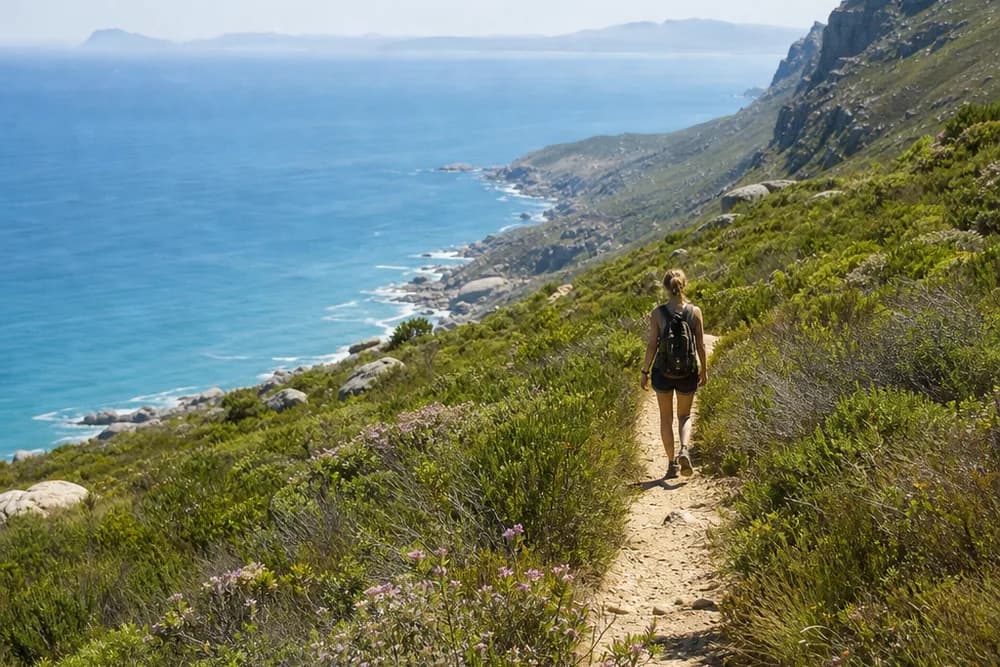 A single hiker on a narrow fynbos trail on a green slope high above the blue Atlantic