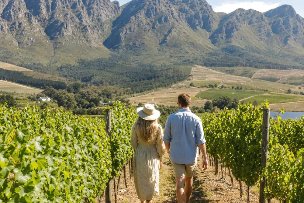Two people walking between vine rows in the Cape Winelands with jagged mountains behind
