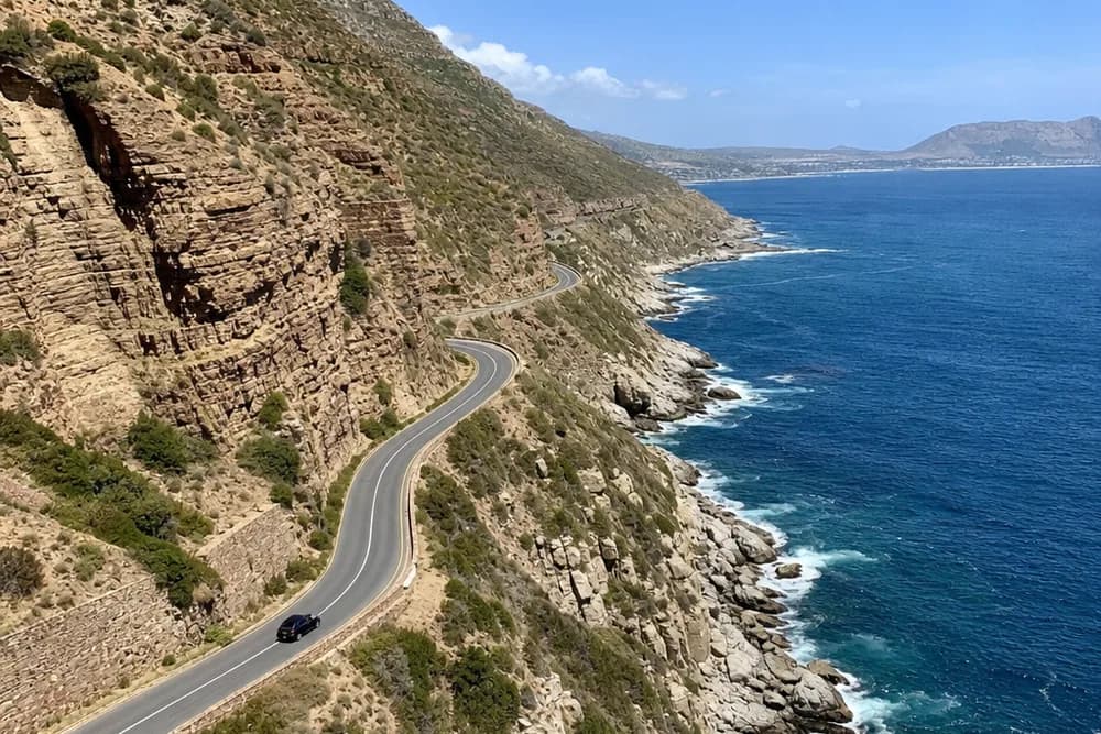 The Chapman's Peak coastal road curving along steep cliffs above deep blue ocean on a clear day
