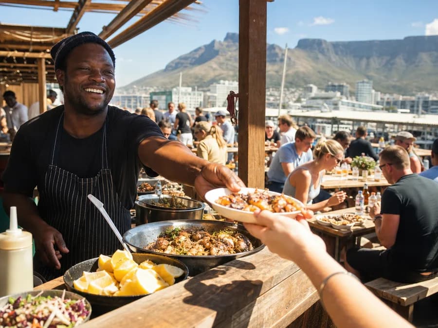 A cook handing a plate of food across a market stall counter in bright daylight, diners at communal tables behind