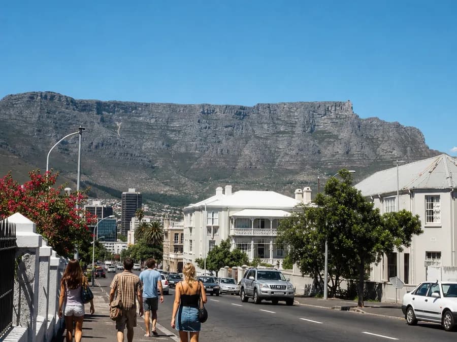 A City Bowl street on a clear day with people walking and Table Mountain filling the background